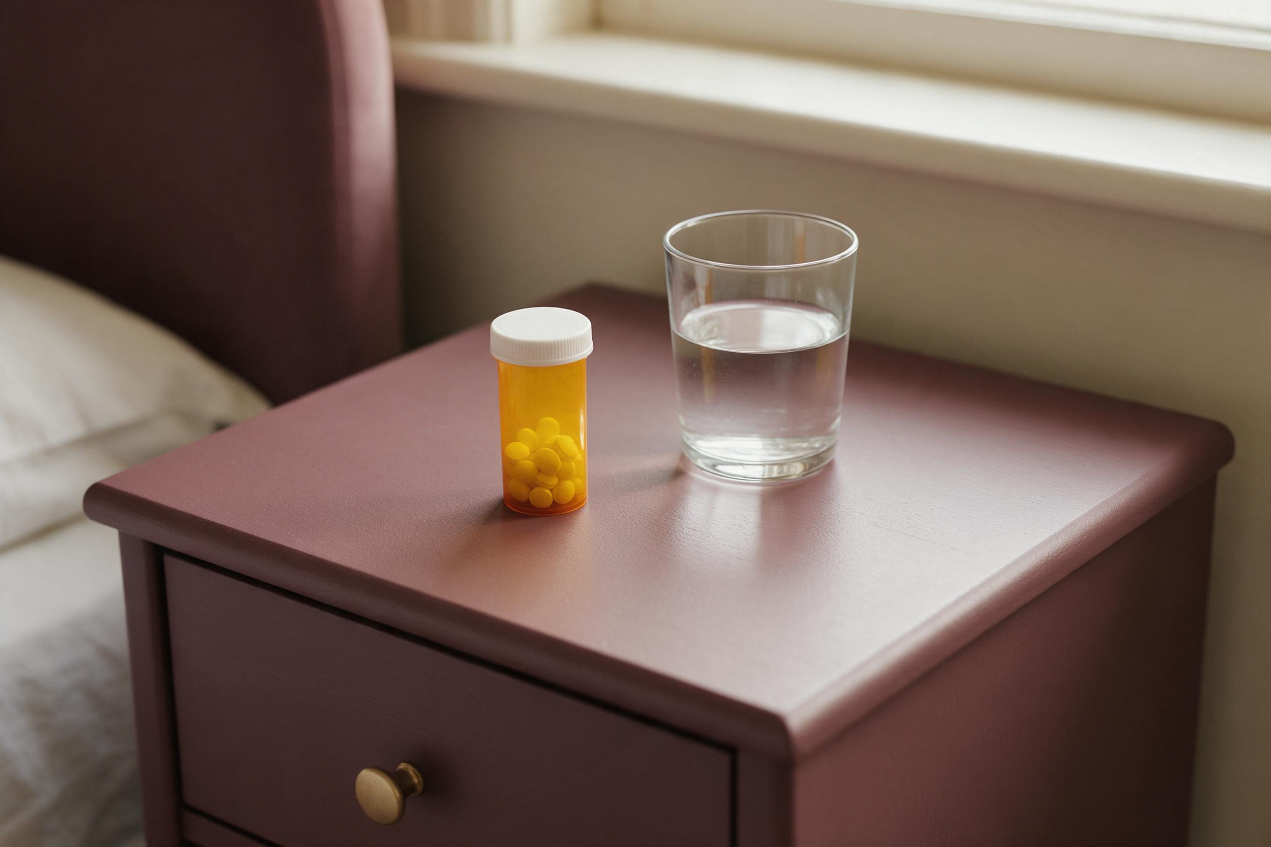 Medication and a glass of water on a bedside table